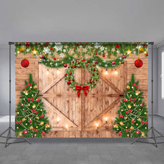 Aperturee - Red Balls Wreath Wood Door Christmas Tree Backdrop