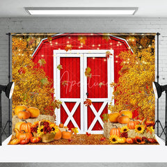 Aperturee - Red Barn Door Pumpkins Fall Photography Backdrop