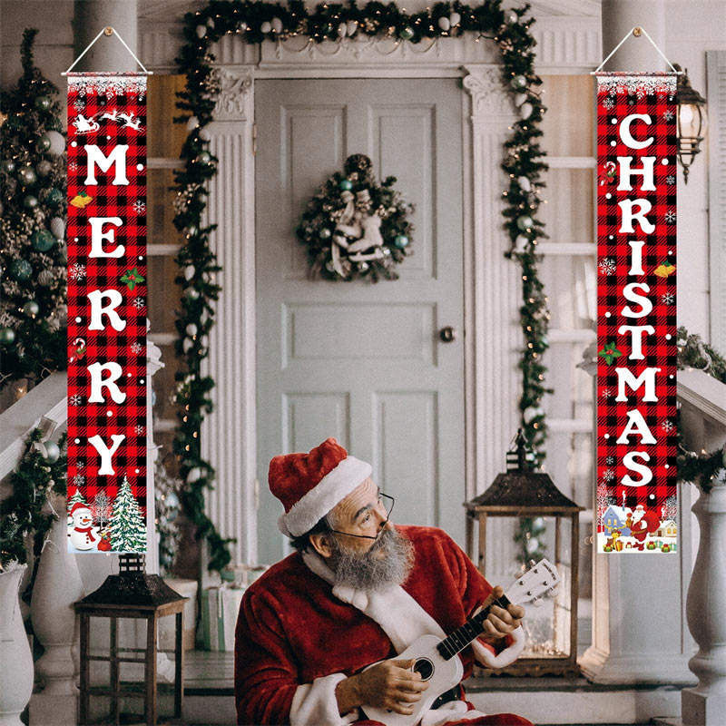 Aperturee - Red Black Buffalo Plaid Christmas Door Banner Sign