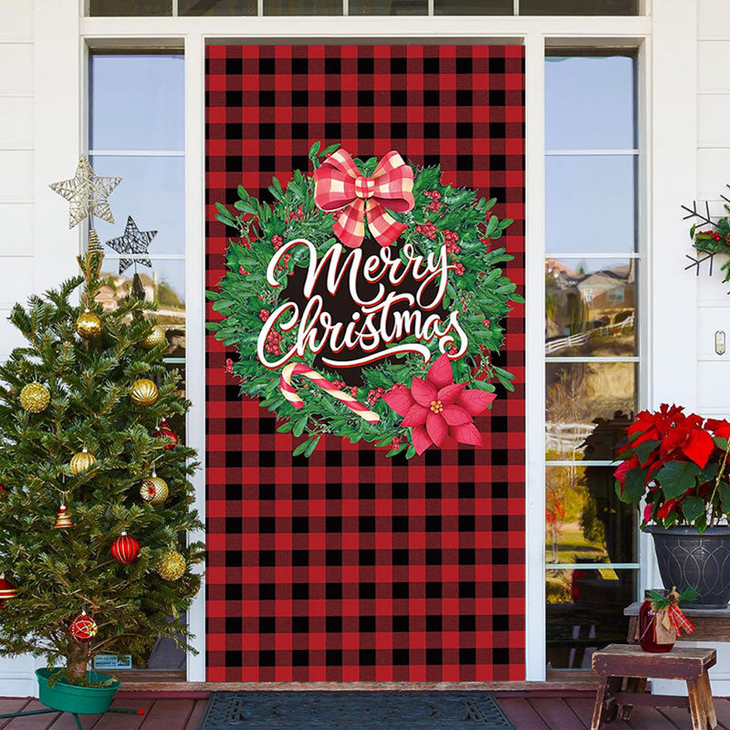Aperturee - Red Black Gingham Wreath Merry Christmas Door Cover