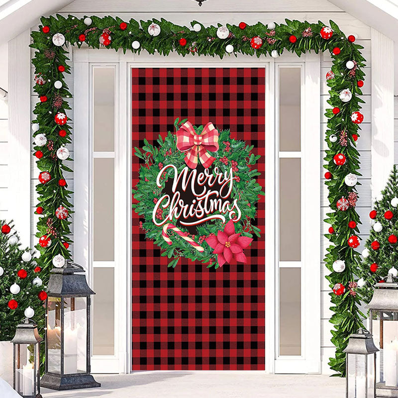 Aperturee - Red Black Gingham Wreath Merry Christmas Door Cover
