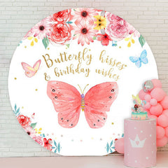 Aperturee - Red Butterfly And Floral Round Birthday Party Backdrop