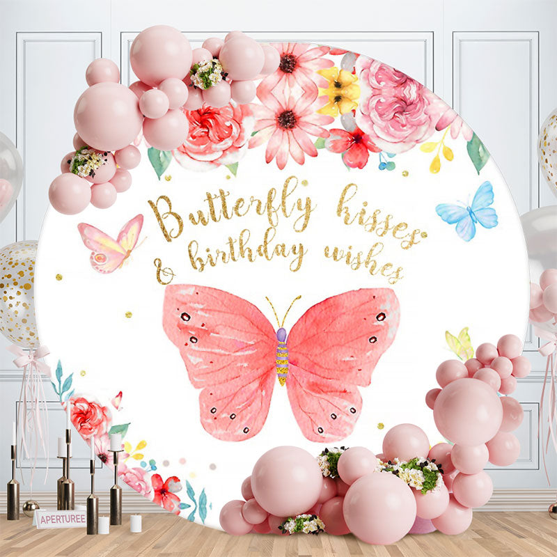 Aperturee - Red Butterfly And Floral Round Birthday Party Backdrop