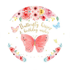 Aperturee - Red Butterfly And Floral Round Birthday Party Backdrop