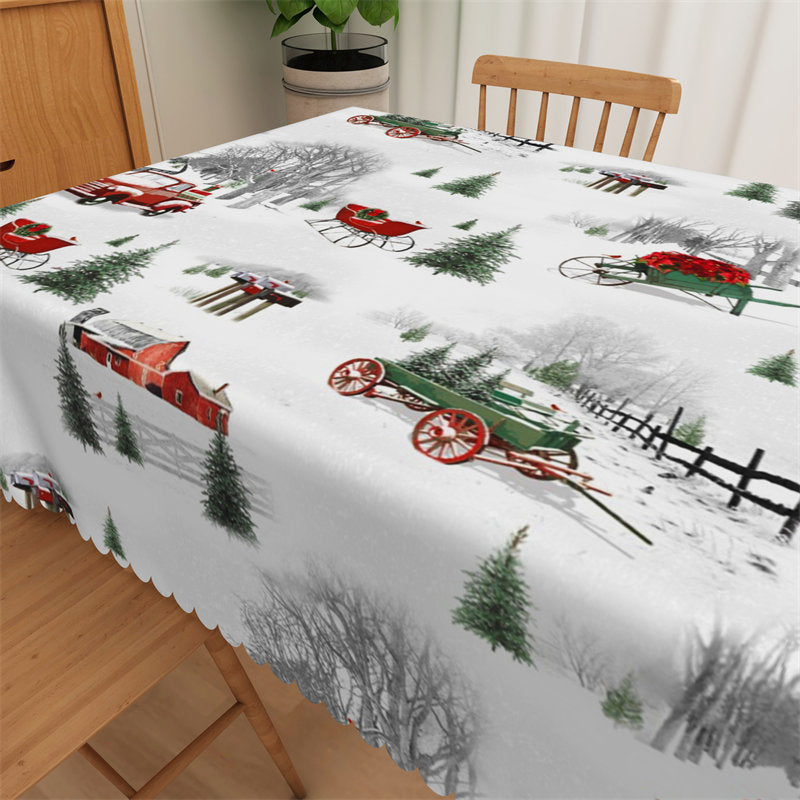 Aperturee - Red Car Pine Tree Sleigh Repeat Christmas Tablecloth