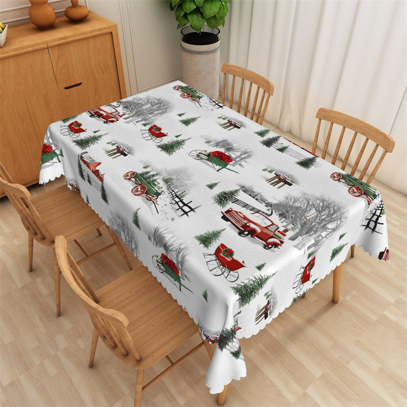 Aperturee - Red Car Pine Tree Sleigh Repeat Christmas Tablecloth