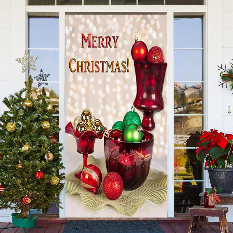 Aperturee - Red Cup Glitter Bokeh Merry Christmas Door Cover