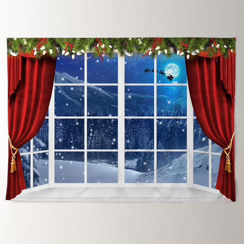 Aperturee - Red Curtain Blue Eve Snow Sled Christmas Backdrop