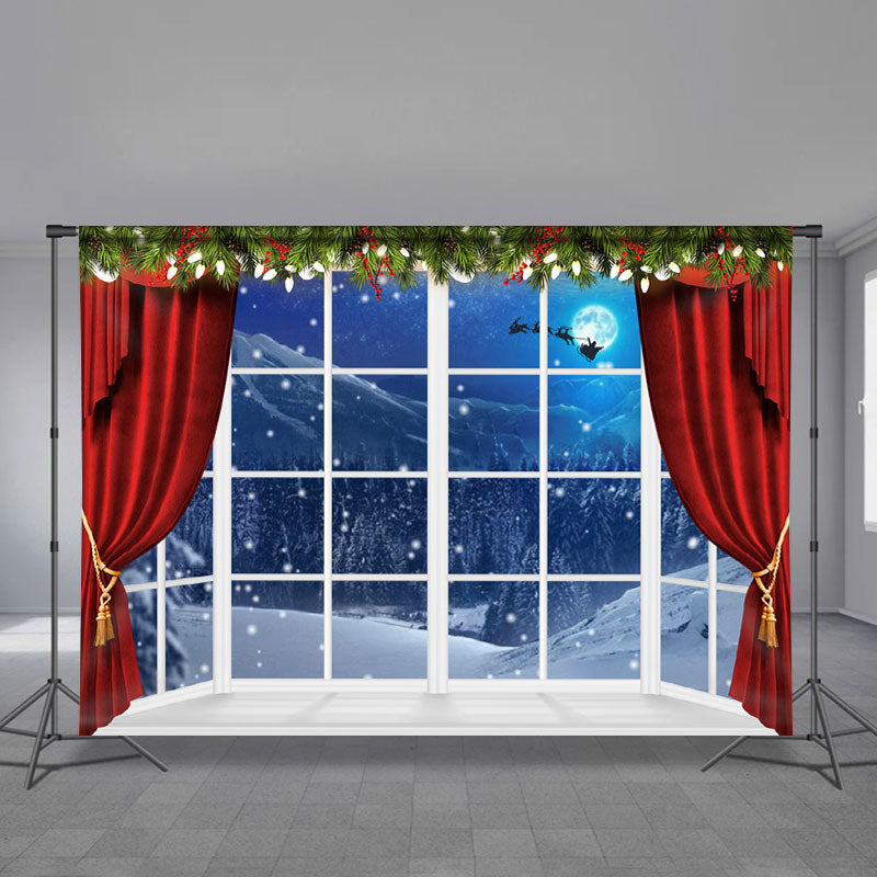 Aperturee - Red Curtain Blue Eve Snow Sled Christmas Backdrop