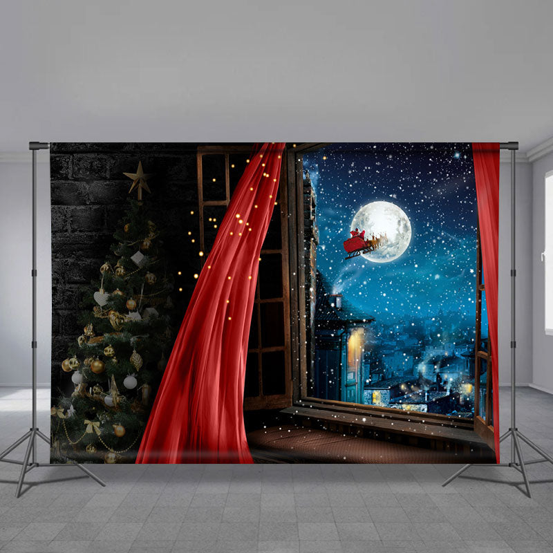 Aperturee - Red Curtain Santa Sled Moon Eve Christmas Backdrop