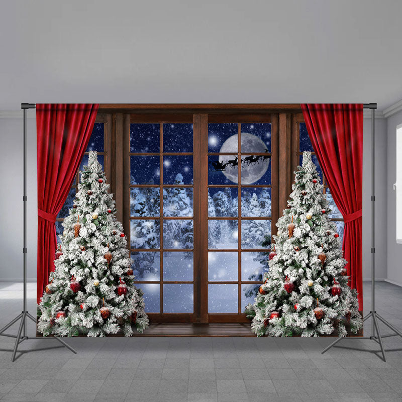 Aperturee - Red Curtain Snowy Eve Moon Deer Christmas Backdrop