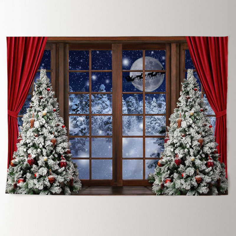 Aperturee - Red Curtain Snowy Eve Moon Deer Christmas Backdrop