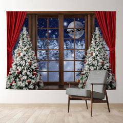 Aperturee - Red Curtain Snowy Eve Moon Deer Christmas Backdrop