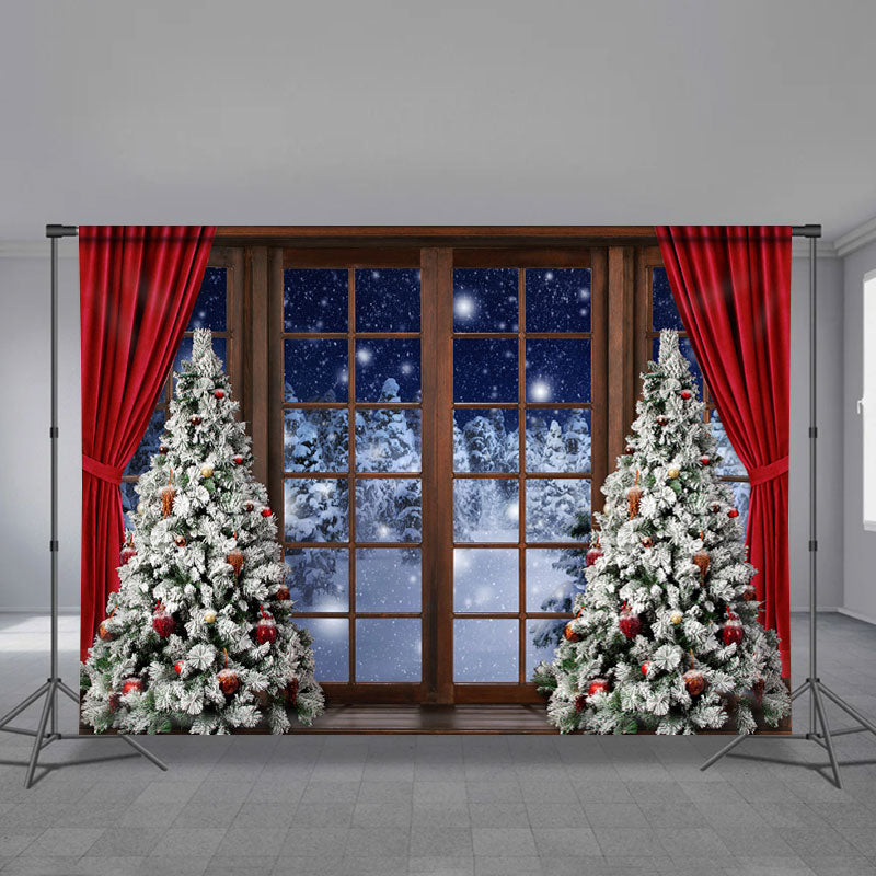 Aperturee - Red Curtain Snowy Tree Window Christmas Backdrop