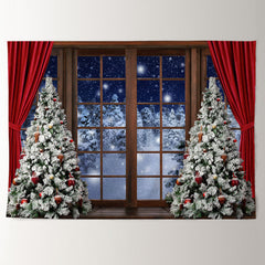 Aperturee - Red Curtain Snowy Tree Window Christmas Backdrop