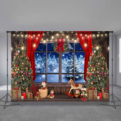 Aperturee - Red Curtain Warm Room Snowy Eve Christmas Backdrop