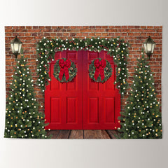 Aperturee - Red Door Tree Wreath Brick Wall Christmas Backdrop