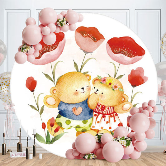 Aperturee - Red Floral And Bears Round Baby Shower Backdrop