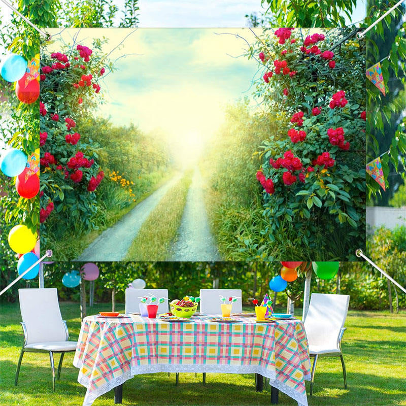 Aperturee - Red Flowers Green Grass Field Path Spring Backdrop