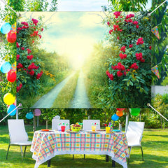Aperturee - Red Flowers Green Grass Field Path Spring Backdrop