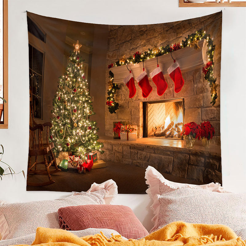 Aperturee - Red Gift Stock Tree Fireplace Christmas Backdrop