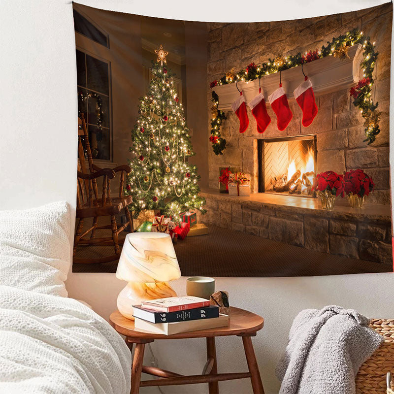 Aperturee - Red Gift Stock Tree Fireplace Christmas Backdrop