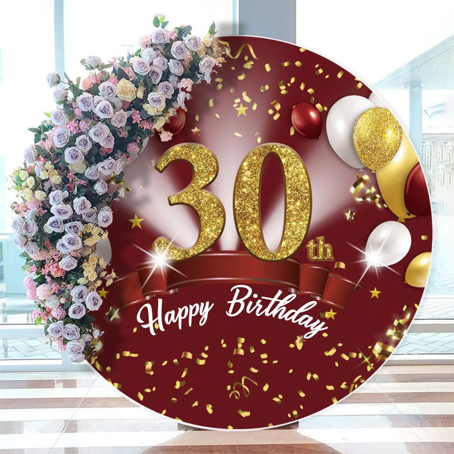 Aperturee - Red Gold Glitter Balloon Round 30Th Birthday Backdrop