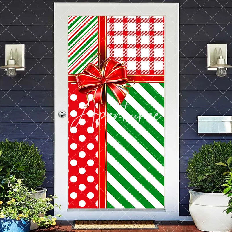 Aperturee - Red Green Stripe Gifts Bow Tie Christmas Door Cover