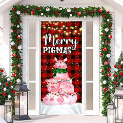 Aperturee - Red Grid Pink Pig Light Merry Christmas Door Cover