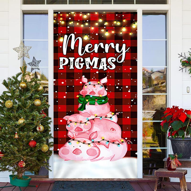 Aperturee - Red Grid Pink Pig Light Merry Christmas Door Cover