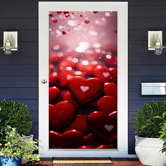 Aperturee - Red Heart Stones Bokeh Valentines Day Door Cover