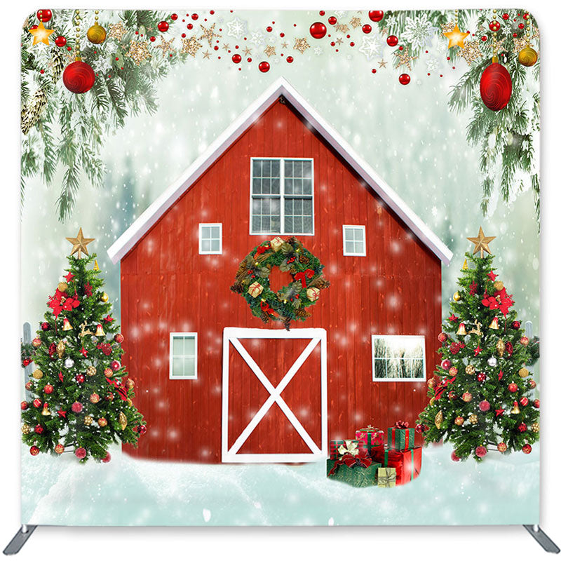 Aperturee - Red House And Tree Fabric Backdrop Cover for Christmas