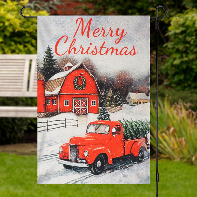 Aperturee - Red House Truck Snowy Merry Christmas Garden Flag