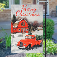 Aperturee - Red House Truck Snowy Merry Christmas Garden Flag