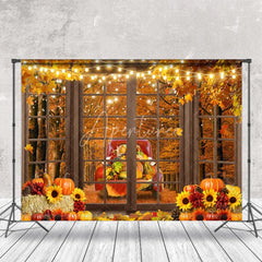 Aperturee - Red Pickup Truck With Food Outside The Window Autumn Backdrop