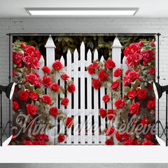 Aperturee - Red Rose Floral White Fence Garden Wedding Backdrop