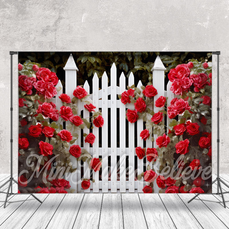 Aperturee - Red Rose Floral White Fence Garden Wedding Backdrop