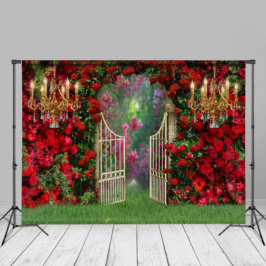 Aperturee - Red Roses Garden Wall Candle Spring Picture Backdrop