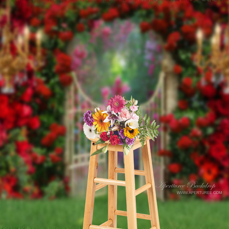 Aperturee - Red Roses Garden Wall Candle Spring Picture Backdrop