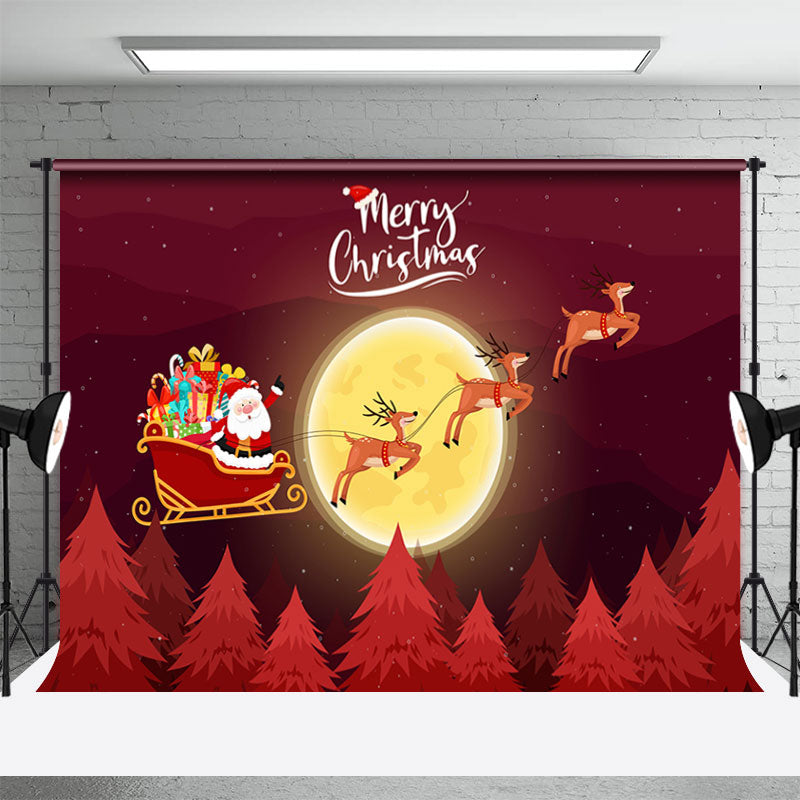 Aperturee - Red Santa Moon Elks Sleigh Trees Christmas Backdrop