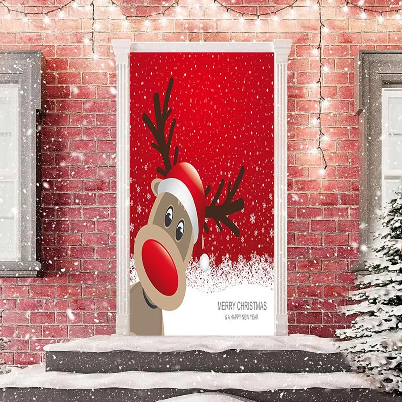 Aperturee - Red Snowflake Elk New Year Christmas Door Cover