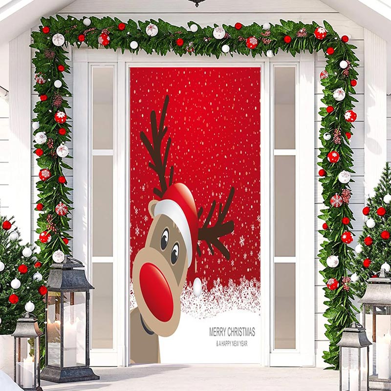 Aperturee - Red Snowflake Elk New Year Christmas Door Cover