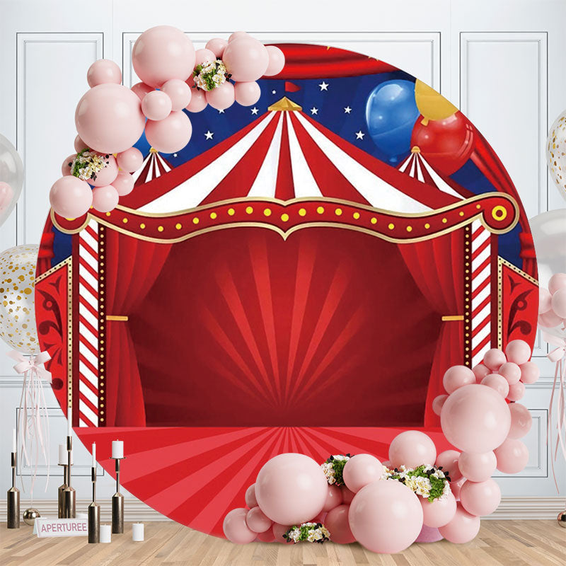 Aperturee - Red Stage And Ballons Round Happy Birthday Backdrop