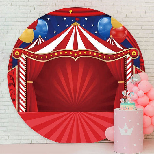 Aperturee - Red Stage And Ballons Round Happy Birthday Backdrop