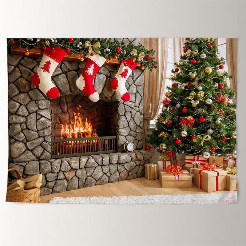 Aperturee - Red Stock Fireplace Bright Room Christmas Backdrop