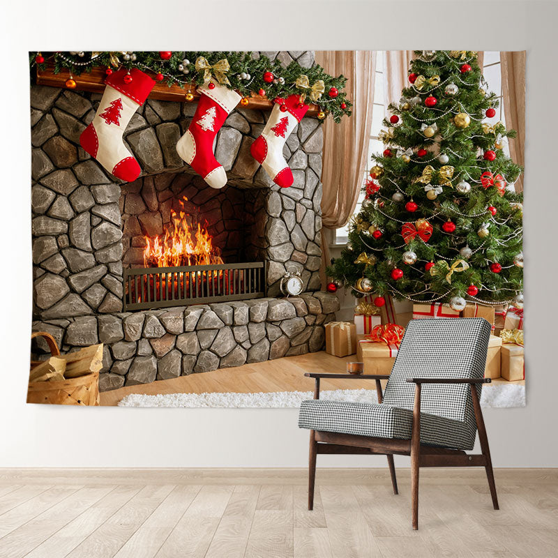 Aperturee - Red Stock Fireplace Bright Room Christmas Backdrop