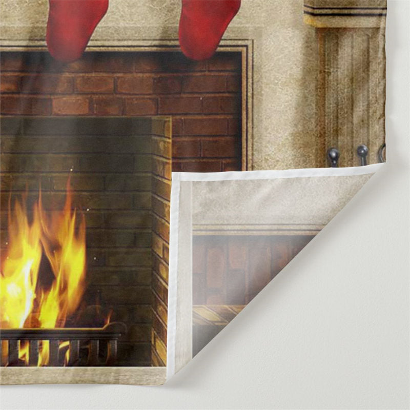 Aperturee - Red Stocking Fireplace Family Christmas Backdrop