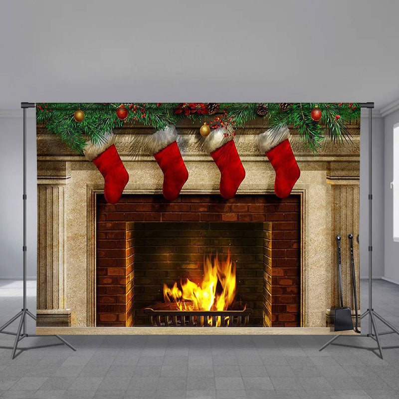 Aperturee - Red Stocking Fireplace Family Christmas Backdrop