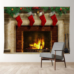 Aperturee - Red Stocking Fireplace Family Christmas Backdrop