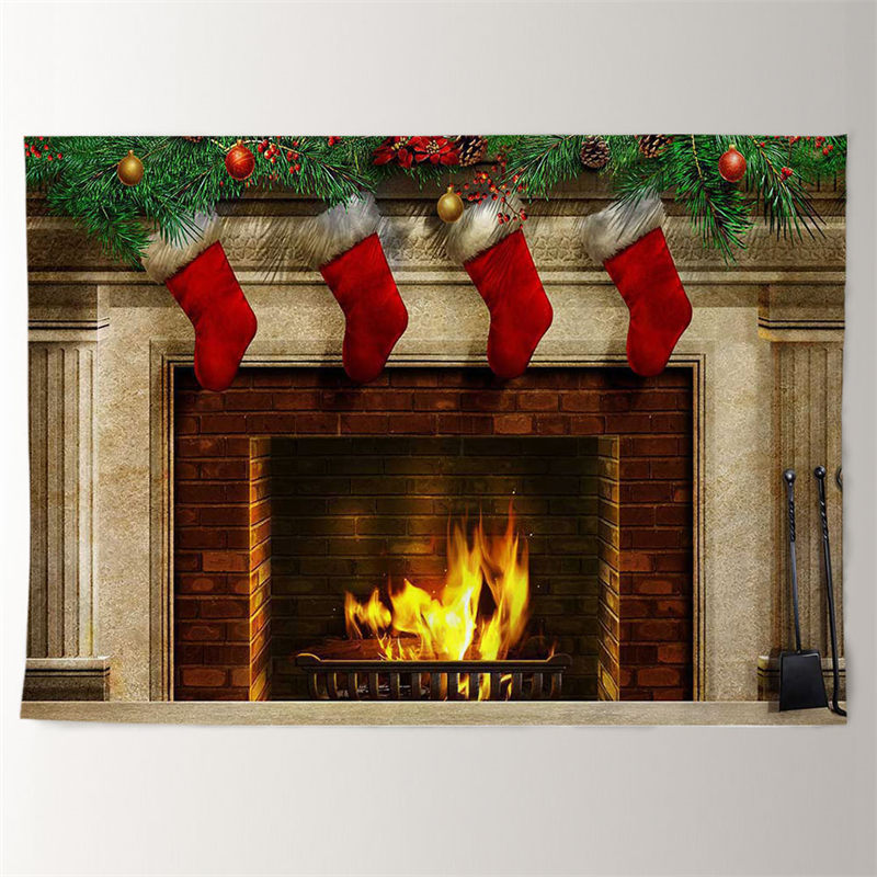 Aperturee - Red Stocking Fireplace Family Christmas Backdrop